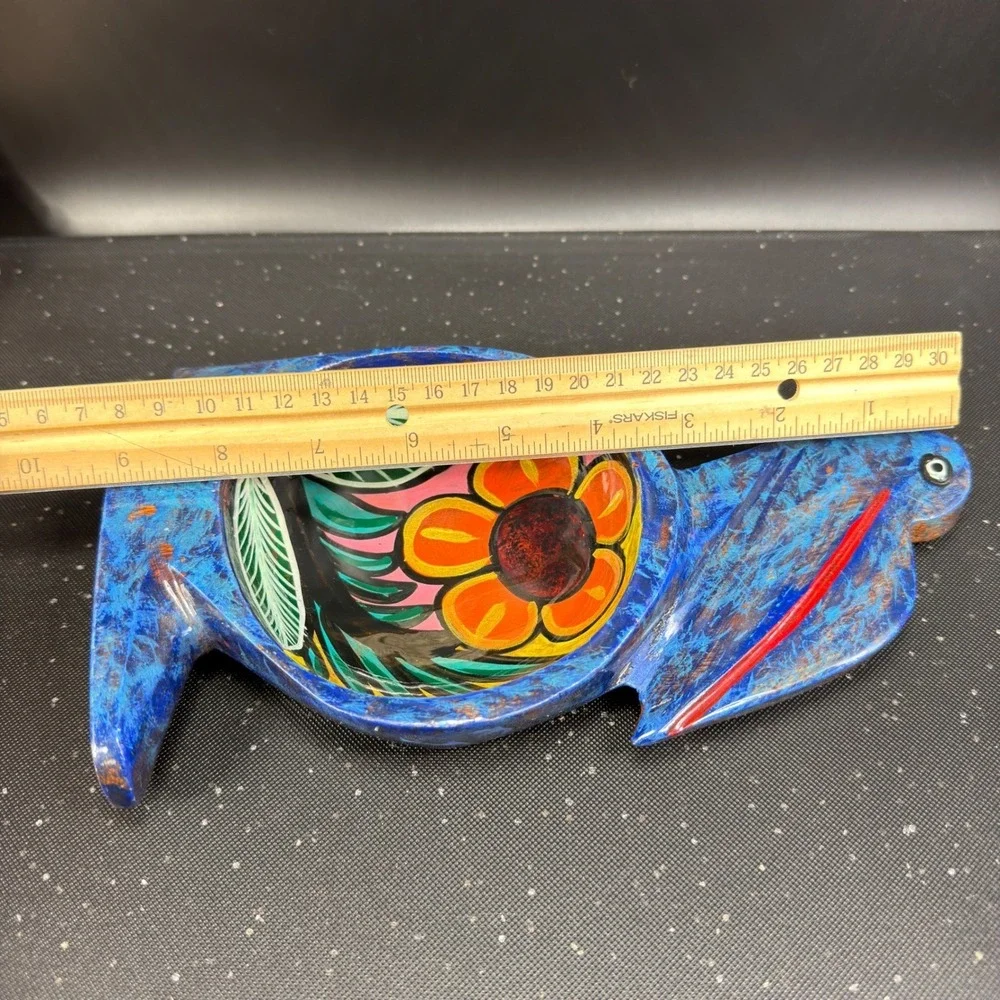 Vintage Hand Painted Wooden Pelican Bowl Floral Folk‎ Art Blue Decorative Dish